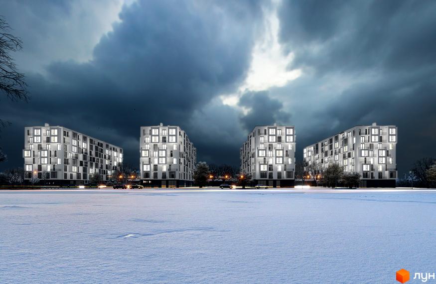 Житловий комплекс В4 з білими багатоповерховими будинками на тлі темного неба. Перед будинками засніжене поле, вдалині видно дерева.