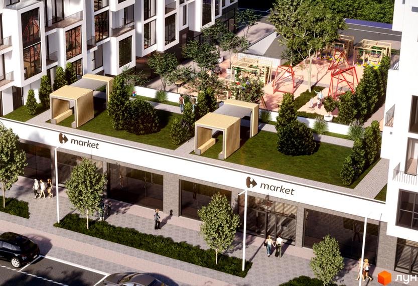 Житловий комплекс В4 з комерційними приміщеннями на першому поверсі та дитячим майданчиком на прибудинковій території.