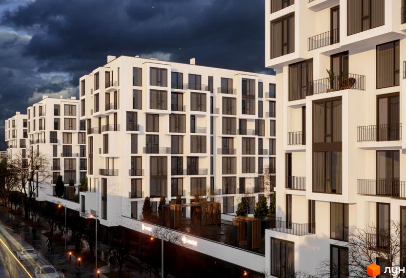 Зовнішній вигляд новобудови ЖК В4 з білими фасадами та великими вікнами. На прибудинковій території розташовані зелені насадження та зони відпочинку.