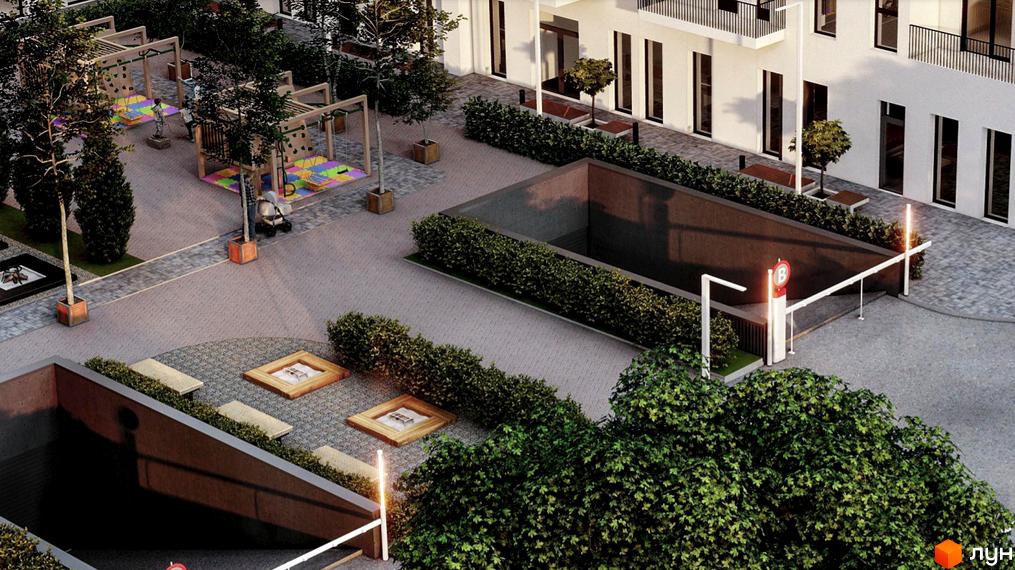 Житловий комплекс В4: сучасний фасад будівлі та доглянута прибудинкова територія з дитячим майданчиком та зонами відпочинку.