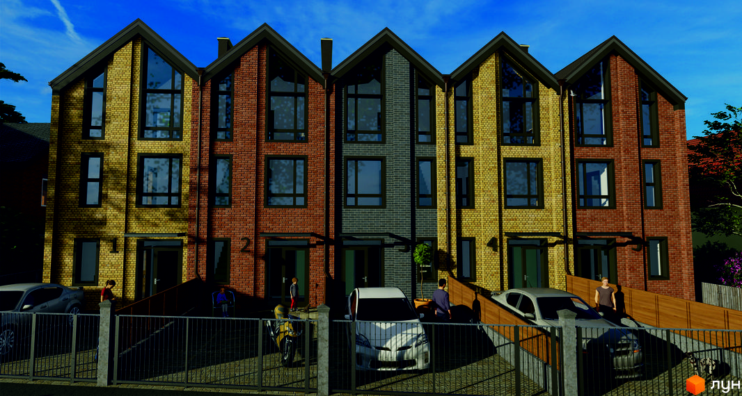 Фасад житлового комплексу на вул. Мінеральна, 34, з цегляним оздобленням та великими вікнами. Прибудинкова територія з автомобілями та парканом.