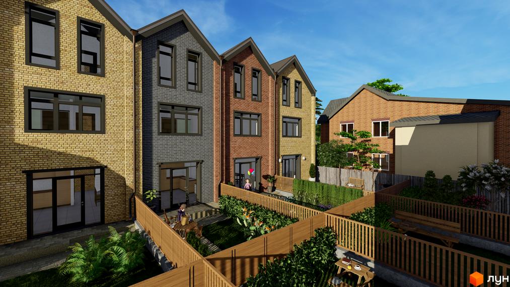 Сучасний житловий комплекс на вул. Мінеральна, 34, з цегляними фасадами різних кольорів та доглянутими задніми дворами з дерев'яними огорожами та зеленню.