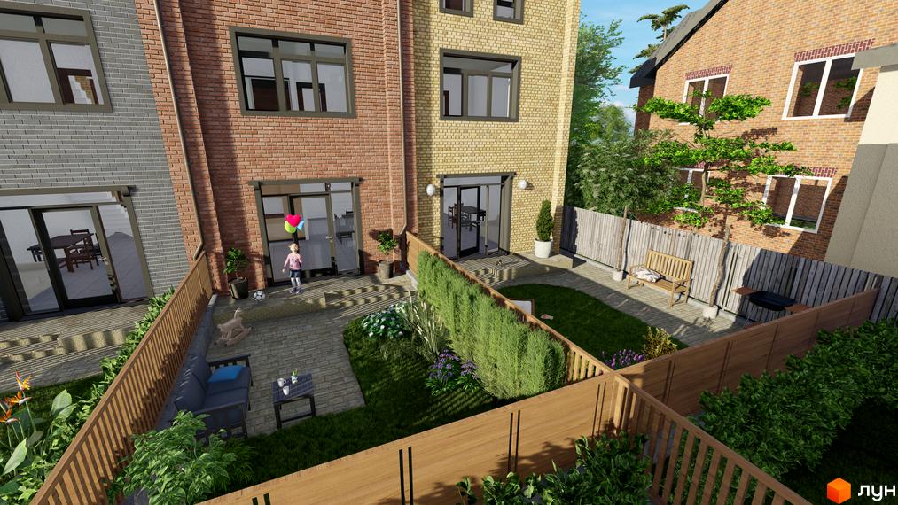 Житлові будинки з цегляними фасадами та доглянутий задній двір з газоном, огорожею і зоною відпочинку на вул. Мінеральна, 34.