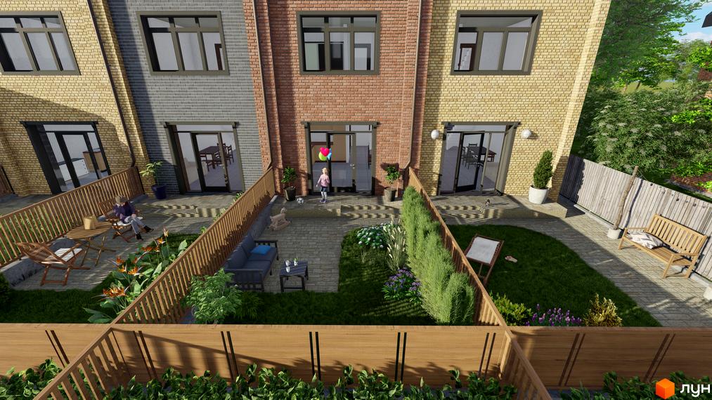 Триповерхові будинки з цегляними фасадами та великими вікнами. Приватні задні дворики з газоном, терасами та дерев'яними огорожами.