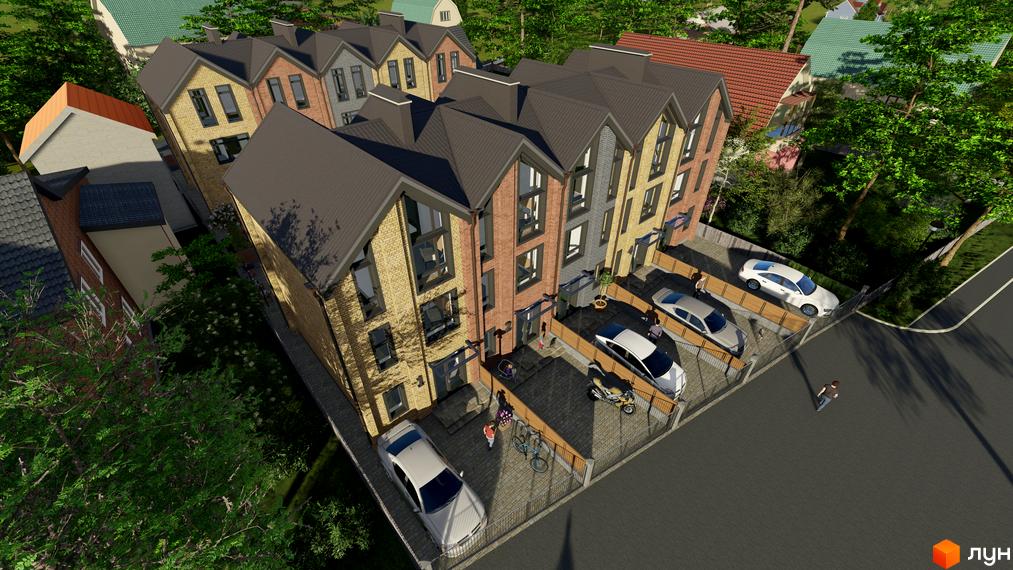 Ряд триповерхових таунхаусів з дахами темно-сірого кольору та фасадами з цегли різних відтінків. Перед будинками облаштовані паркувальні місця з автомобілями та зелені насадження.