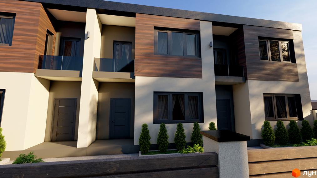 Фасад житлового будинку на вулиці Підлісна (Анастасії Медвідь), 32 з комбінованим оздобленням та озелененою прибудинковою територією.