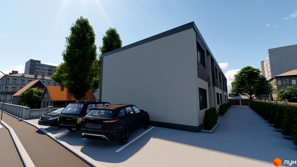 Зовнішній вигляд новобудови на вул. Підлісна (Анастасії Медвідь), 32, з парковкою та зеленими насадженнями. Сучасний житловий комплекс з акуратними фасадами та прибудинковою територією.