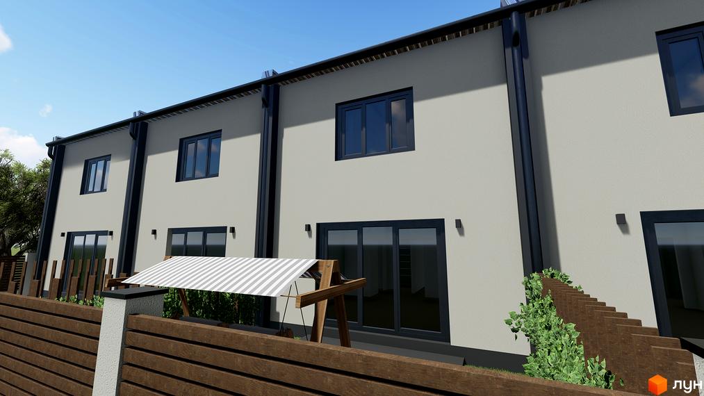 Фасад двоповерхових таунхаусів на вул. Підлісна (Анастасії Медвідь), 32 з великими вікнами та скляними дверима. Перед будинками дерев'яний паркан.