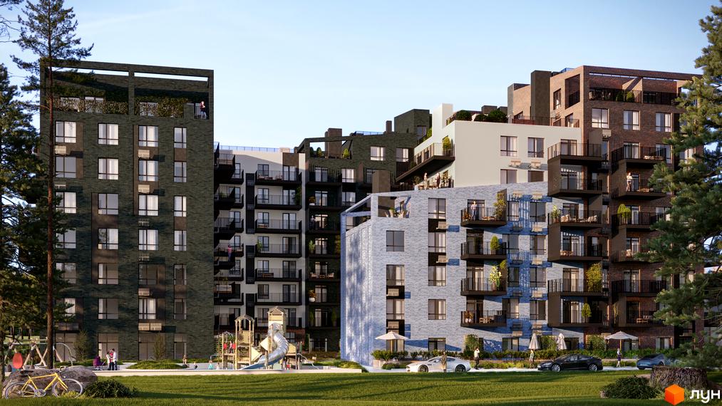 Житловий комплекс Utlandia-2 – це сучасна архітектура з балконами та терасами, що виходить на зелену прибудинкову територію з дитячим майданчиком та місцями для відпочинку.