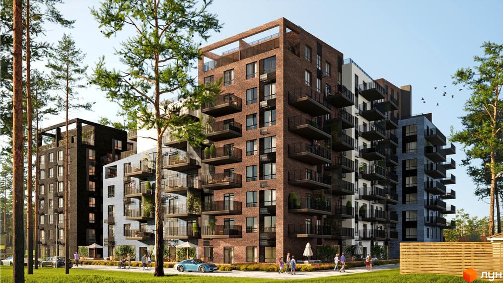 Комплекс Utlandia-2 з цегляним фасадом та балконами, оточений деревами. На передньому плані зелена галявина та люди.