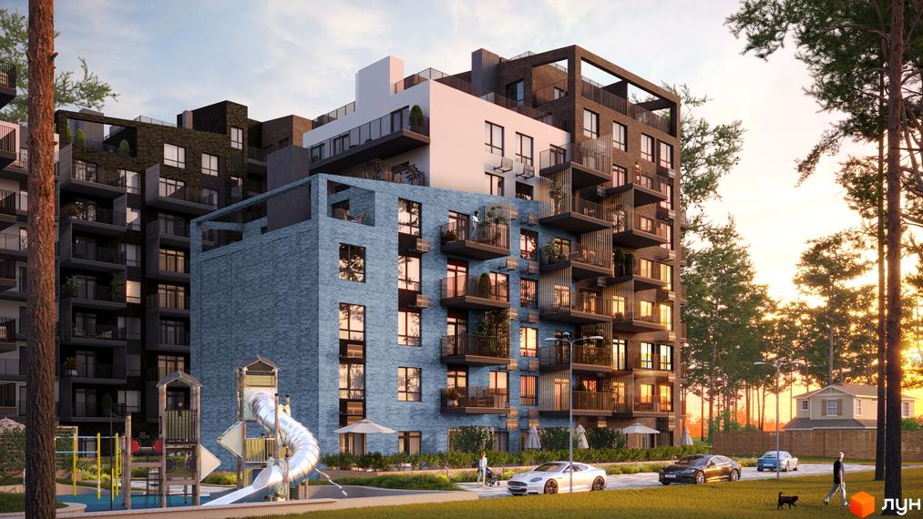 Житловий комплекс Utlandia-2 з цегляним фасадом та балконами, дитячим майданчиком та зеленим подвір'ям.