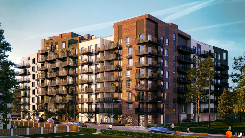 Зовнішній вигляд житлового комплексу Utlandia-2 з цегляним фасадом та численними балконами. Навколо комплексу облаштована прибудинкова територія з деревами та доглянутим газоном.