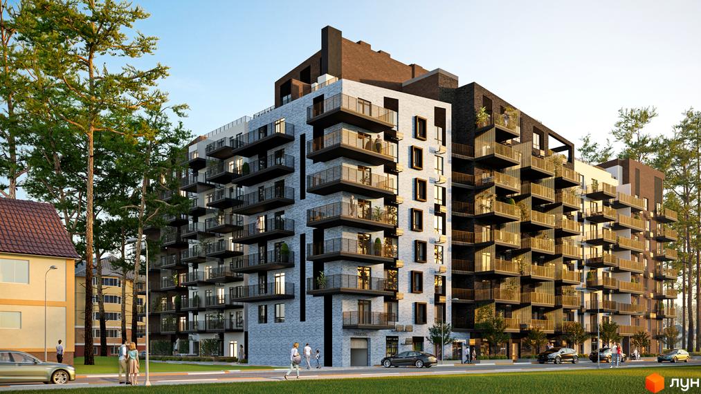 Зовнішній вигляд житлового комплексу Utlandia-2 з цегляним фасадом та балконами. Навколо комплексу зелена зона та дерева.