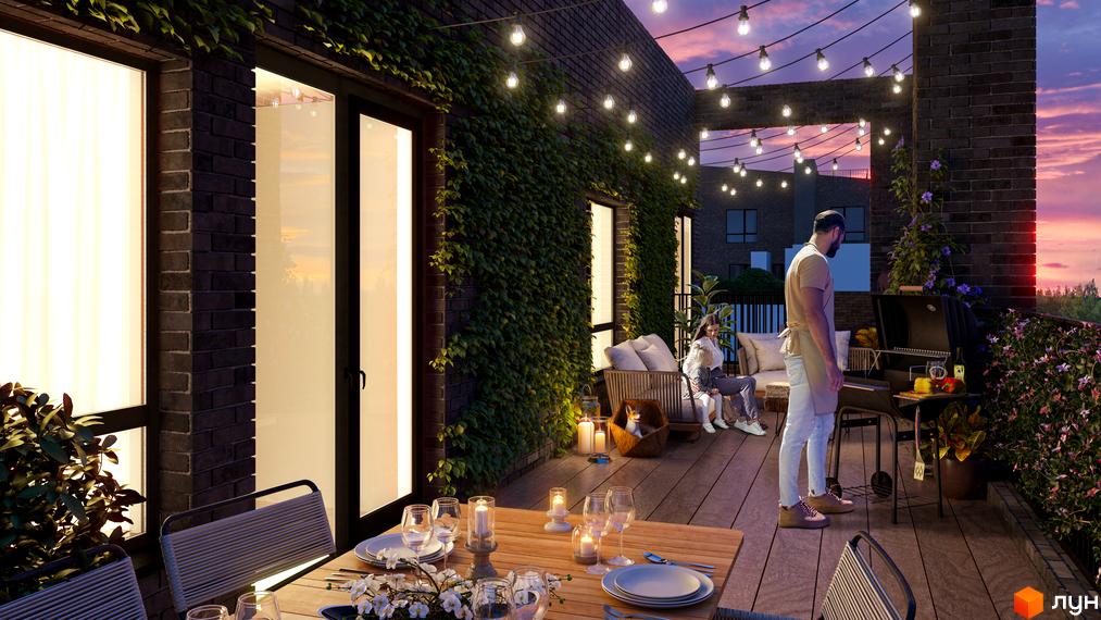 Житловий комплекс Utlandia-2: затишна тераса з барбекю та гірляндами на тлі вечірнього неба. Відкрийте для себе комфортне життя на балконі.