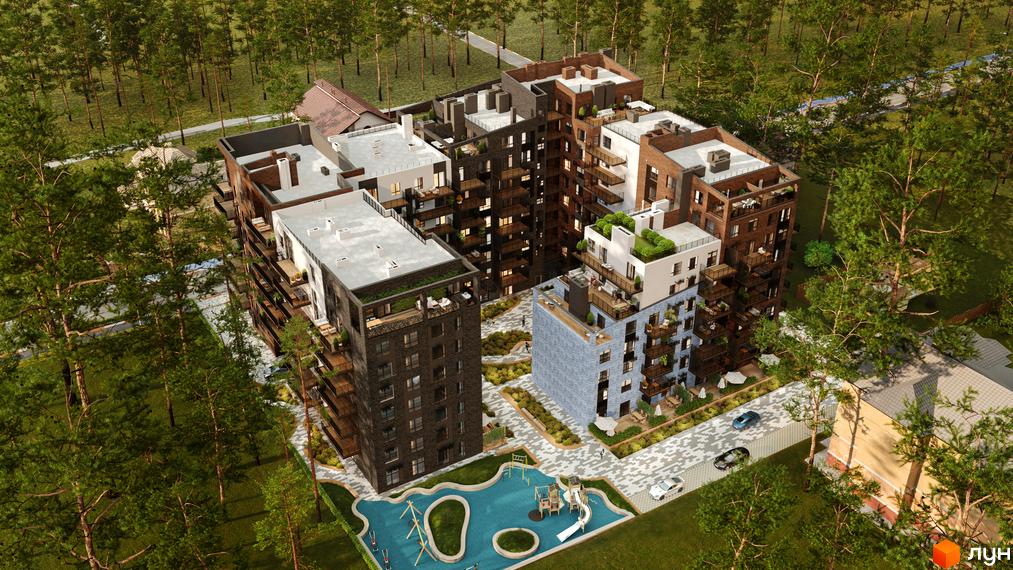 Житловий комплекс Utlandia-2 - це сучасна новобудова з цегляним фасадом та балконами, оточена зеленими насадженнями та дитячим майданчиком.