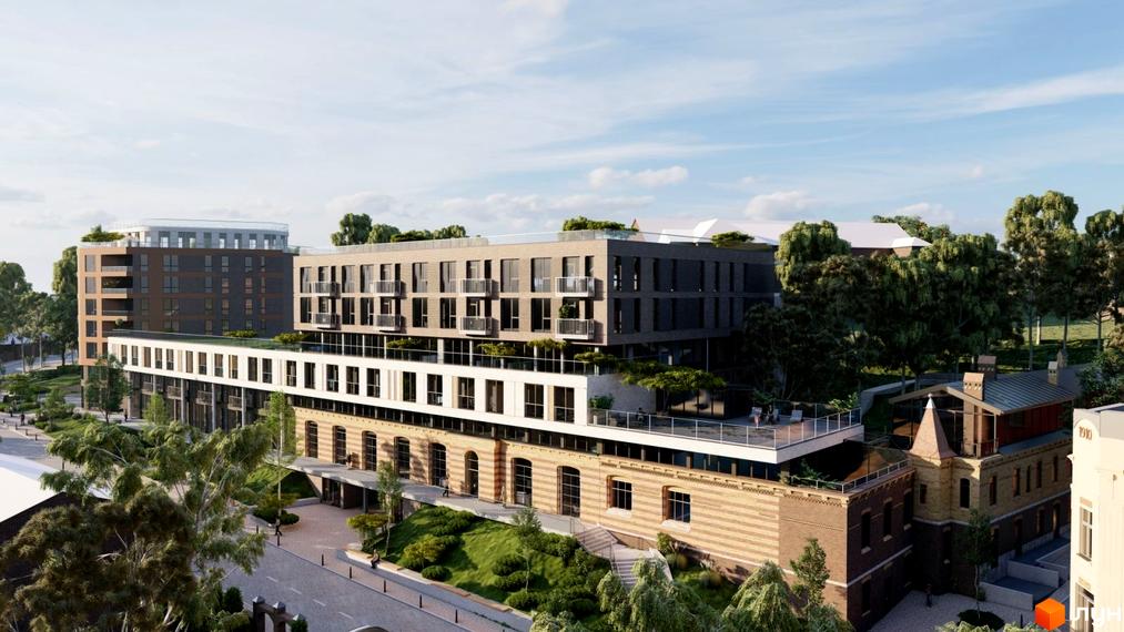 Житловий комплекс PRAUD select - це багатоповерхові будинки з балконами та терасами, оточені зеленню та розташовані біля дороги.