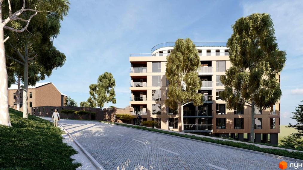 Зовнішній вигляд ЖК PRAUD select: багатоповерховий будинок з балконами та панорамними вікнами, оточений деревами та дорогою з бруківки. На території комплексу розташована цегляна будівля та зелені насадження.