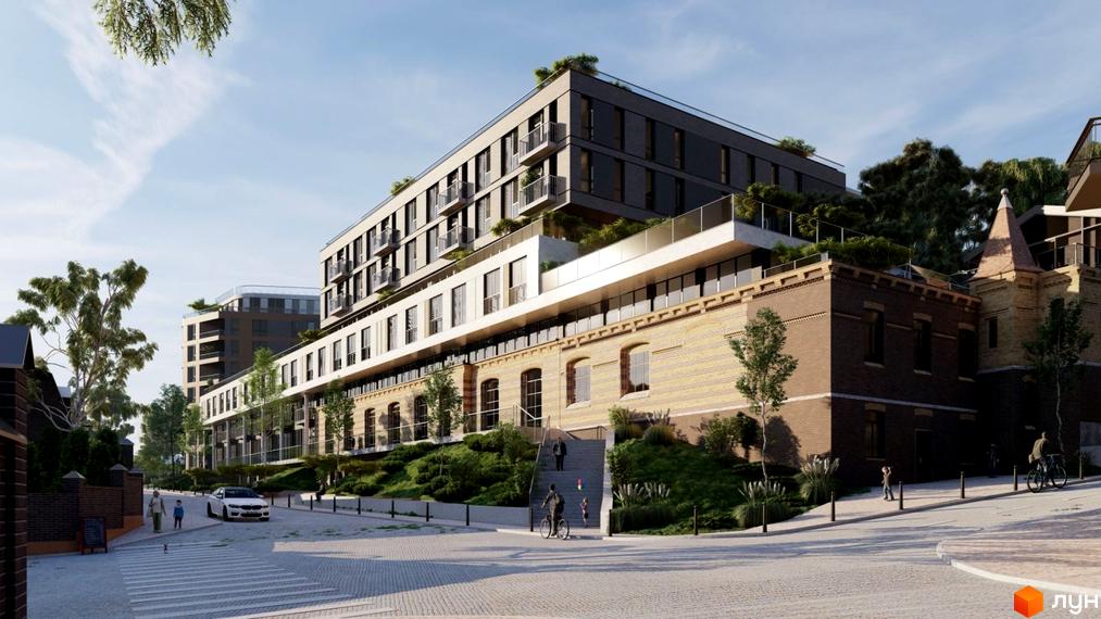 Новобудова ЖК PRAUD select з цегляним фасадом та терасами, що виходять на вулицю з пішохідним переходом та людьми.