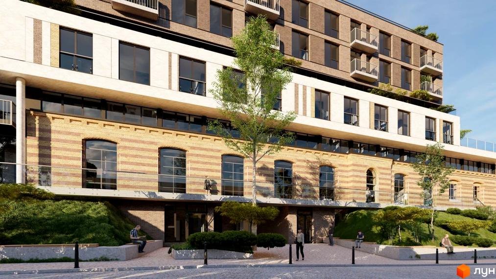 Фасад житлового комплексу PRAUD select з цегляною обробкою та великими вікнами, зелена прибудинкова територія з деревами та місцями для відпочинку.