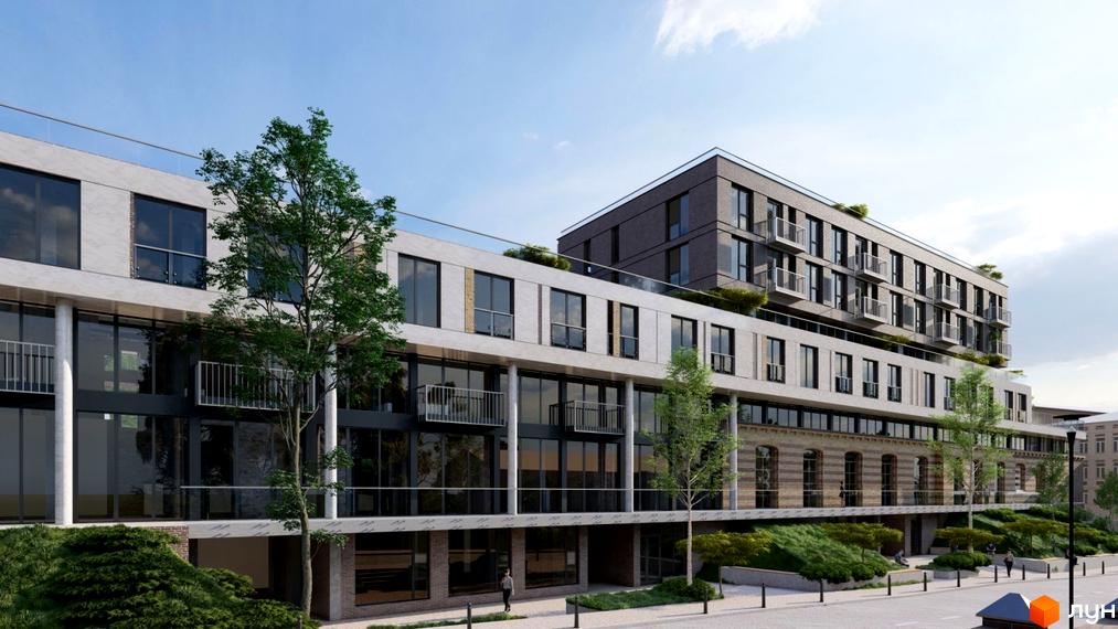 Будівельний проєкт PRAUD select - це багатоповерховий комплекс з великою кількістю вікон та балконів, що оточений зеленню та має доглянуту прибудинкову територію.