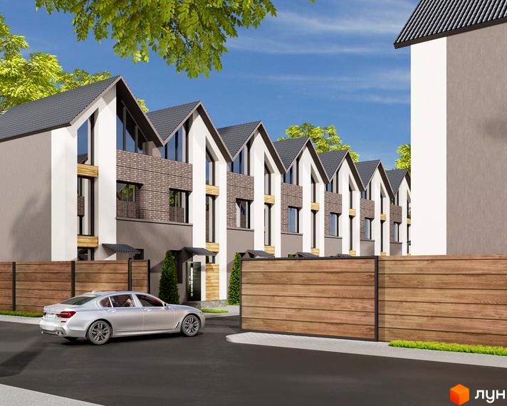 Зображення фасаду таунхаусів «Гармонія-6» з дерев'яним парканом та автомобілем на території. Архітектура будинку з двосхилим дахом та великими вікнами.