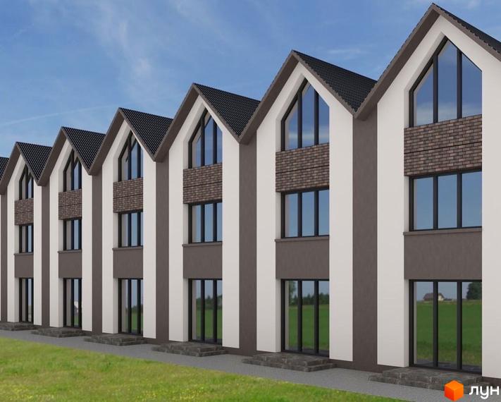 Зовнішній вигляд таунхаусів «Гармонія-6» з двосхилими дахами та великими вікнами на тлі зеленої галявини. Новобудова з сірими та білими фасадами.