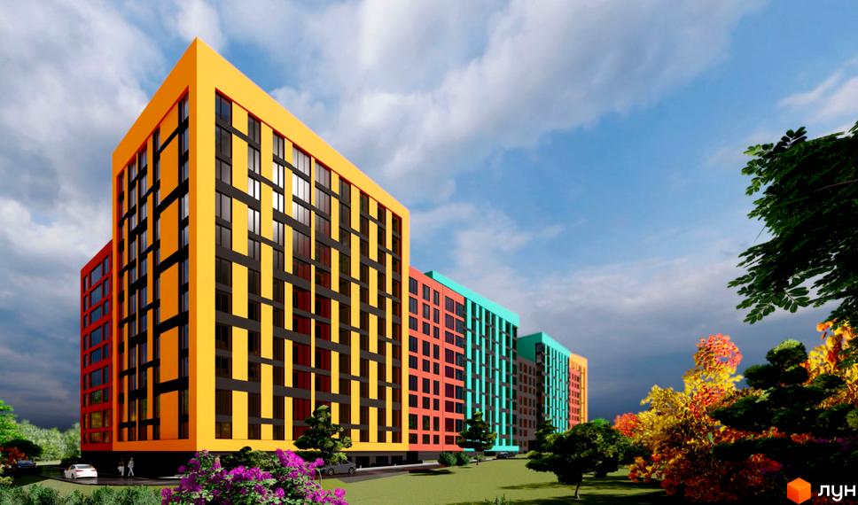 Житловий комплекс Кольоровий - це яскрава новобудова з різнокольоровими фасадами, розташована серед зеленої зони з деревами та квітами.