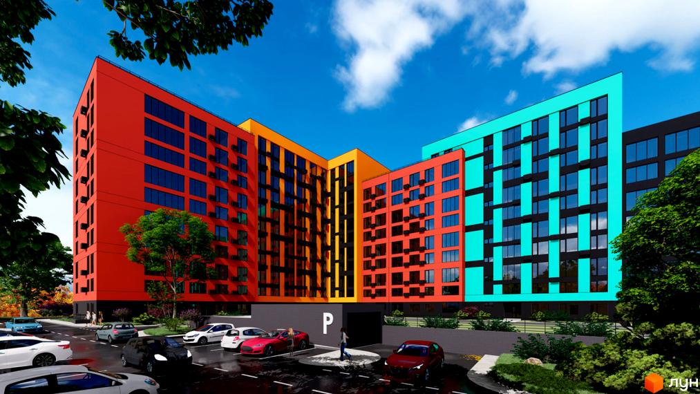 Житловий комплекс Кольоровий – це яскрава новобудова з фасадами в червоних, жовтих та бірюзових кольорах, що розташована біля парковки з автомобілями.