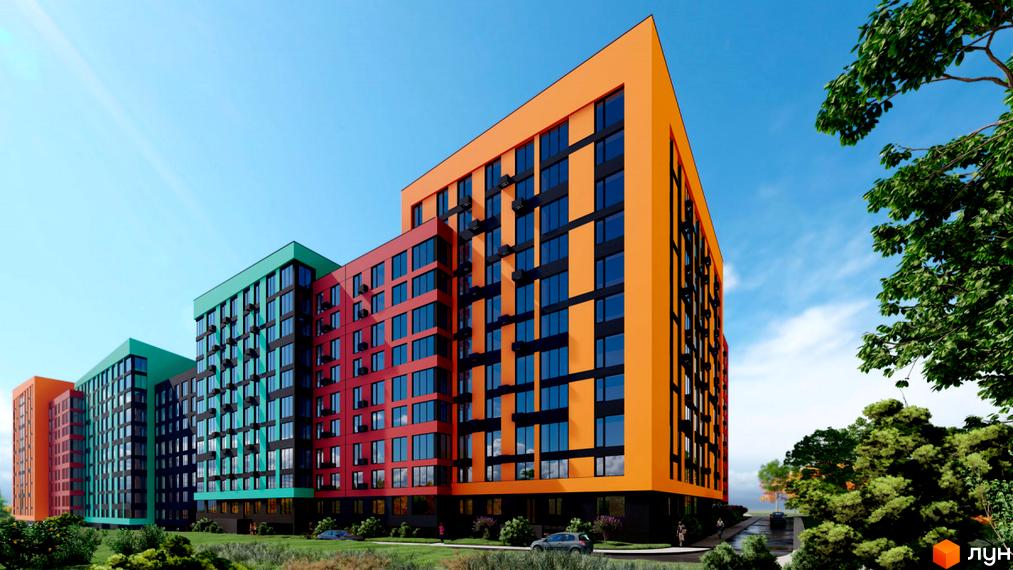 Кольоровий - житловий комплекс з яскравими фасадами та великою кількістю вікон. Навколо комплексу зелена зона з деревами та кущами.