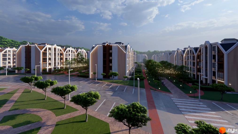 Зовнішній вигляд будинків ЖК Petrivsky Residence з унікальною архітектурою та прибудинковою територією з парковкою та зеленими зонами.