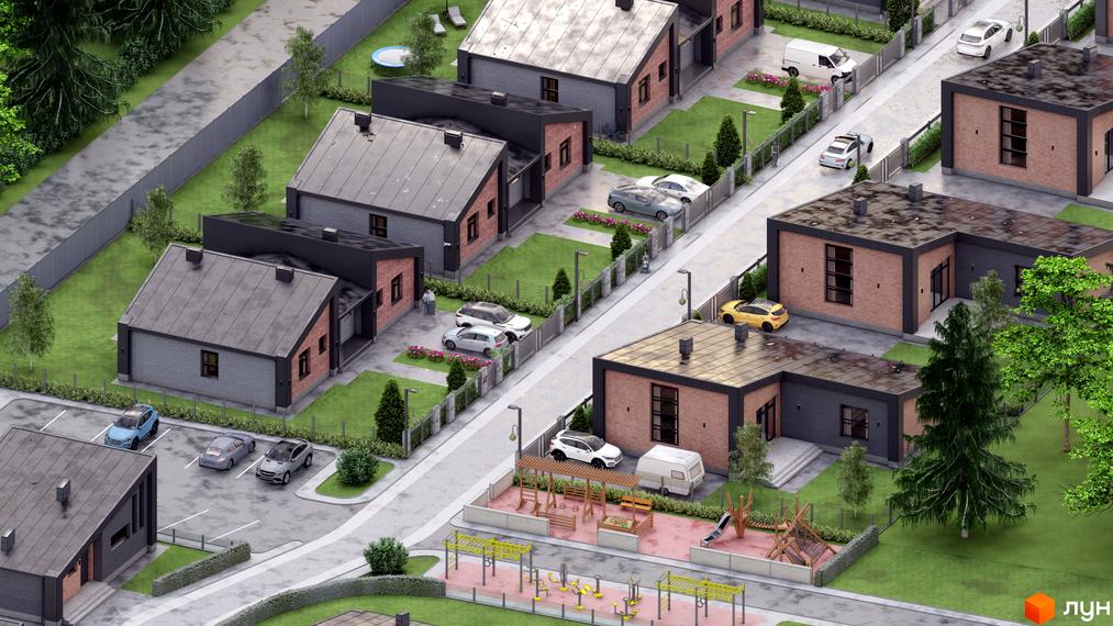 Котеджне містечко КМ Country Villa з цегляними фасадами та сірими дахами, розташоване на зеленій території з доглянутими газонами та дитячим майданчиком.