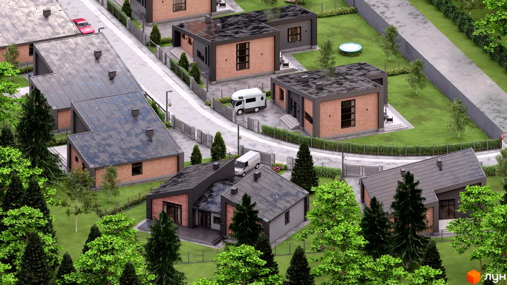 Котеджне містечко КМ Country Villa з сучасними будинками та доглянутою прибудинковою територією. Зелені насадження та доріжки створюють затишну атмосферу.