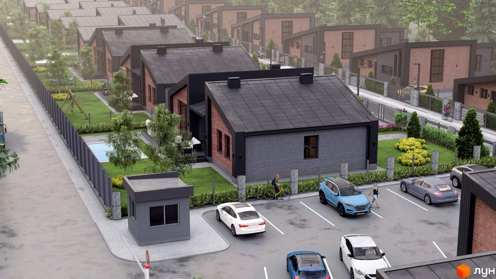 Котеджне містечко КМ Country Villa з цегляними фасадами та чорними дахами, з доглянутою прибудинковою територією, басейном та парковкою.