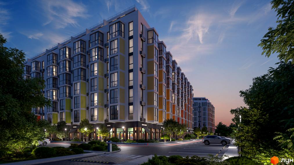 Зовнішній вигляд новобудови ЖК Marmelad з яскравими фасадами та великими вікнами, освітлена парковка та зелені насадження навколо.