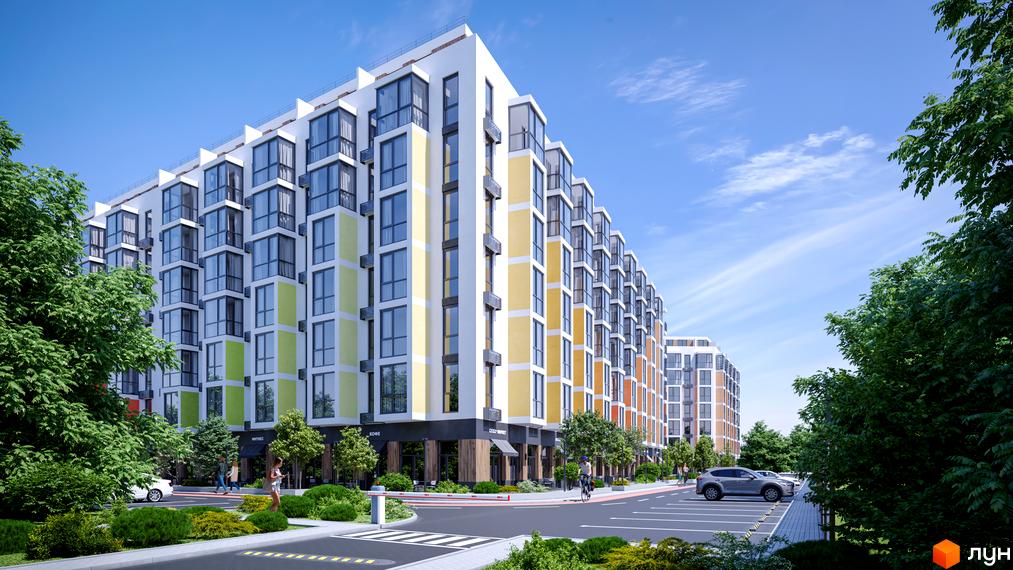 Житловий комплекс Мармелад - це сучасна новобудова з яскравими фасадами та панорамними вікнами, розташована біля зеленої прибудинкової території з парковкою.