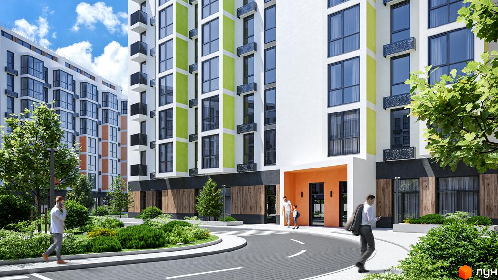 Житловий комплекс Мармелад з білими фасадами, зеленими та помаранчевими вставками, оточений доглянутою прибудинковою територією з зеленими насадженнями та пішохідними доріжками.