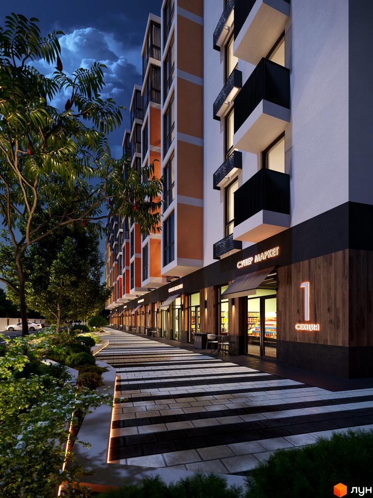 Фасад Житлового комплексу Мармелад з балконами, комерційними приміщеннями та освітленою пішохідною доріжкою з чорно-білою плиткою.