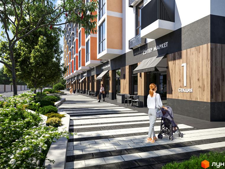 Зовнішній вигляд новобудови ЖК Мармелад з фасадом у помаранчевих тонах та прибудинковою територією з зеленими насадженнями та пішохідними доріжками.