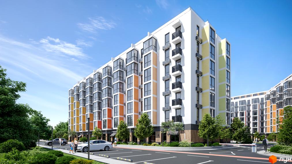 Житловий комплекс Мармелад має яскравий фасад з кольоровими елементами та сучасні балкони. Прибудинкова територія озеленена, з парковкою та місцями для відпочинку.