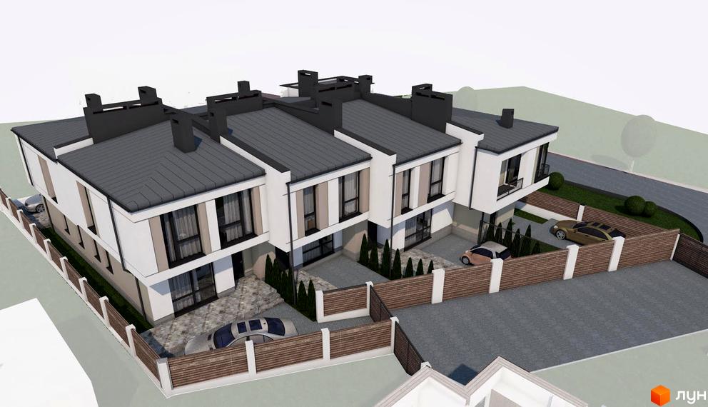 Сучасний житловий комплекс на вулиці Київській, 9, з індивідуальними паркомісцями та доглянутою прибудинковою територією. Будинки мають сірі дахи та білі фасади з елементами бежевого кольору.