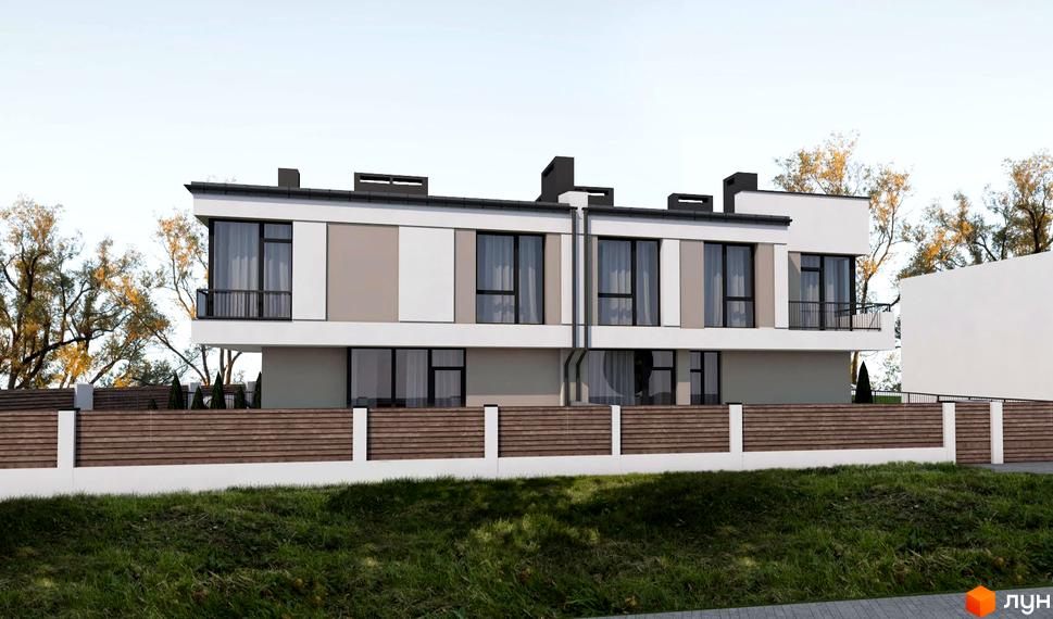 Сучасний житловий комплекс на вулиці Київська, 9, з великими вікнами та балконами, огороджений дерев'яним парканом.