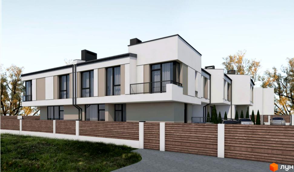 Сучасний житловий комплекс на вул. Київська, 9 з дерев'яним парканом та доглянутою прибудинковою територією. Зовнішній вигляд будинку вражає своєю архітектурою та оздобленням.