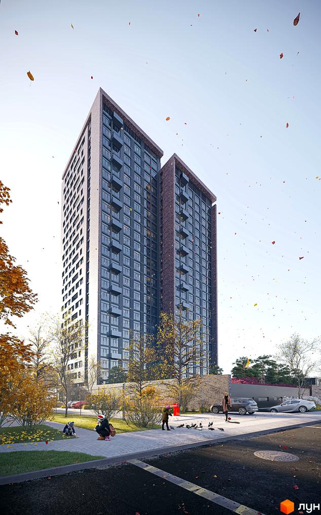 Високі будинки ЖК MAISON з великими вікнами та терасами. На прибудинковій території облаштовані зони відпочинку та парковка.