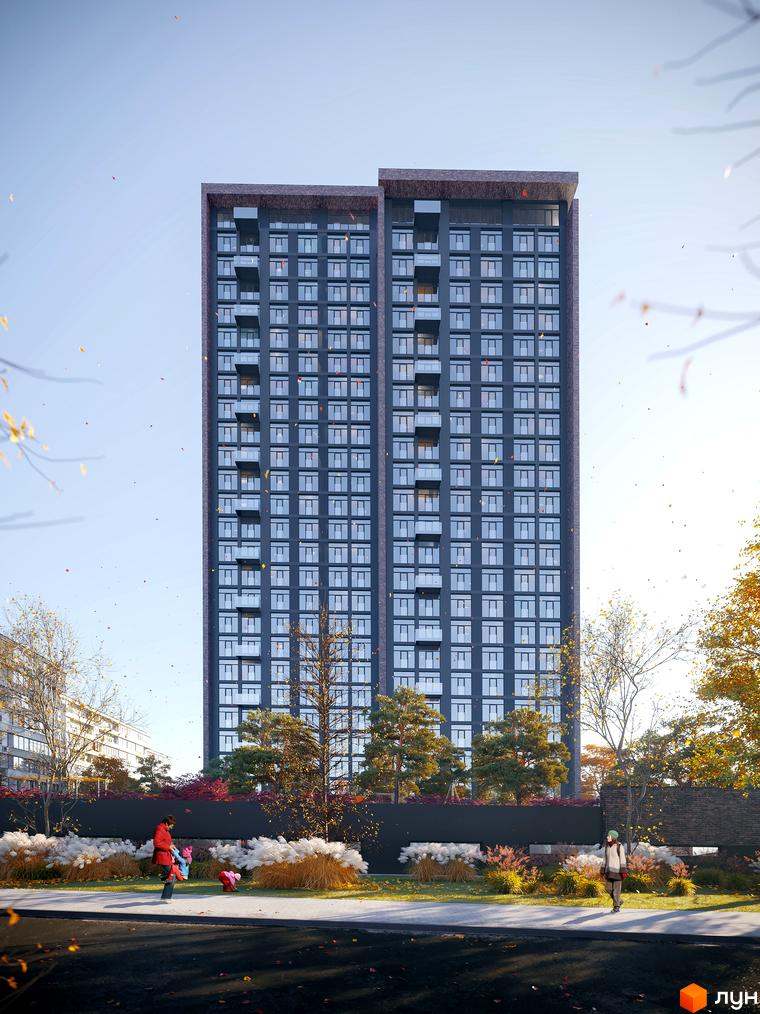 Зображення висотного будинку Житлового комплексу MAISON з великою кількістю вікон та балконів. Навколо будинку зелені насадження та пішохідна зона.