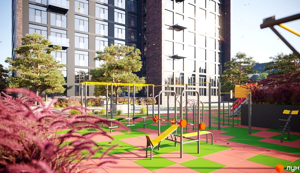 Висотна будівля ЖК MAISON з великими вікнами та дитячим майданчиком на території. Зелені насадження та спортивні снаряди створюють комфортну атмосферу.