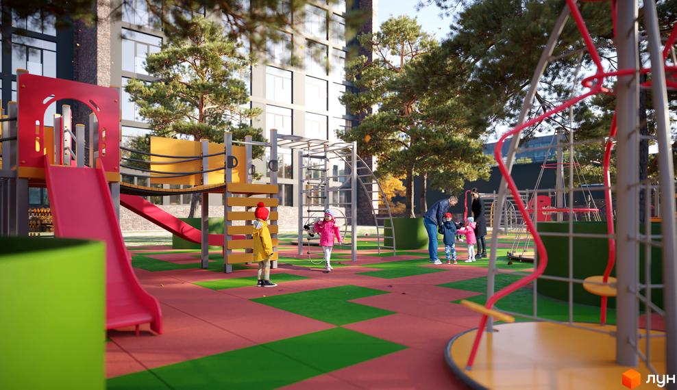 Зображення дитячого майданчика у Житловому комплексі MAISON. На ігровому майданчику є гірка, гойдалки та інші розваги для дітей.