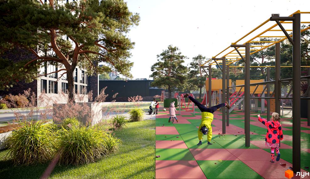 Зображення сторінки житлового комплексу MAISON. На фото: будівля з цегляним фасадом, поруч дитячий майданчик з гімнастичними снарядами та дітьми.