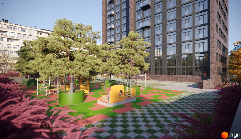Зображення Житлового комплексу MAISON з виглядом на дитячий майданчик та високий будинок з великими вікнами.