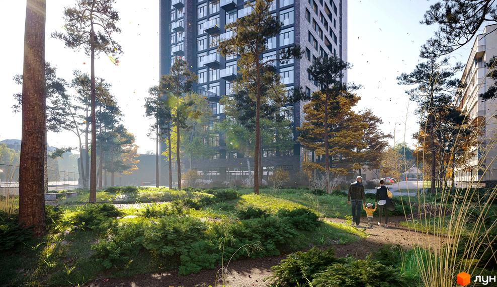 Зображення Житлового комплексу MAISON з виглядом на фасад багатоповерхівки та зелену прибудинкову територію з деревами.