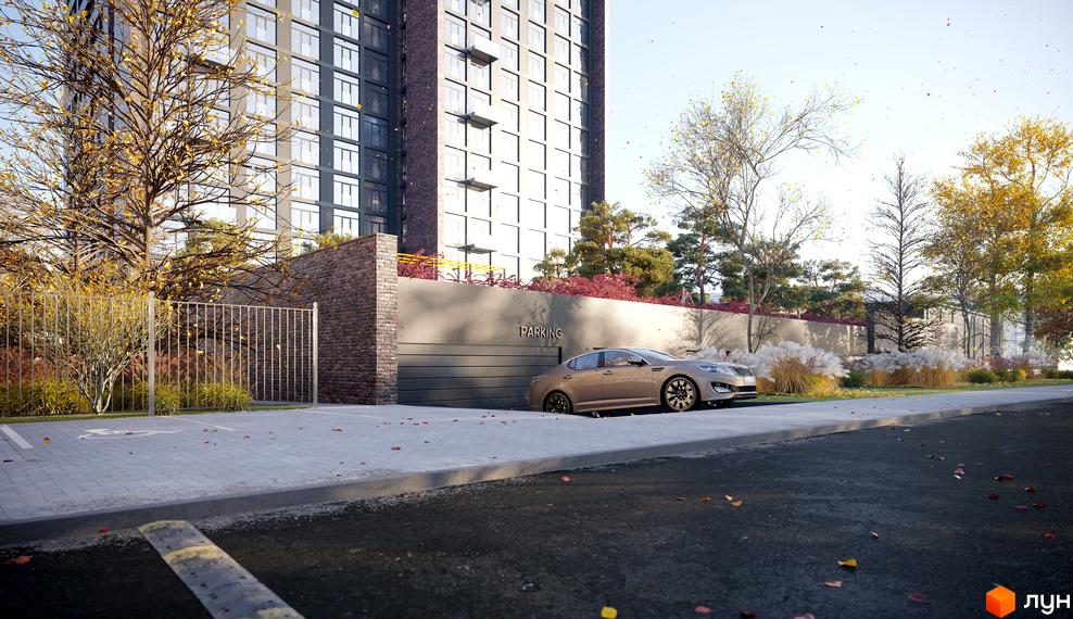 Зображення фасаду та прибудинкової території Житлового комплексу MAISON. На передньому плані автомобіль та дерева з жовтим листям.